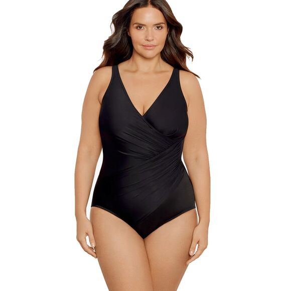 Miraclesuit Oceanus Swimsuit 18W Black One Piece Surplice Ruched 74488W $180 - Picture 1 of 15